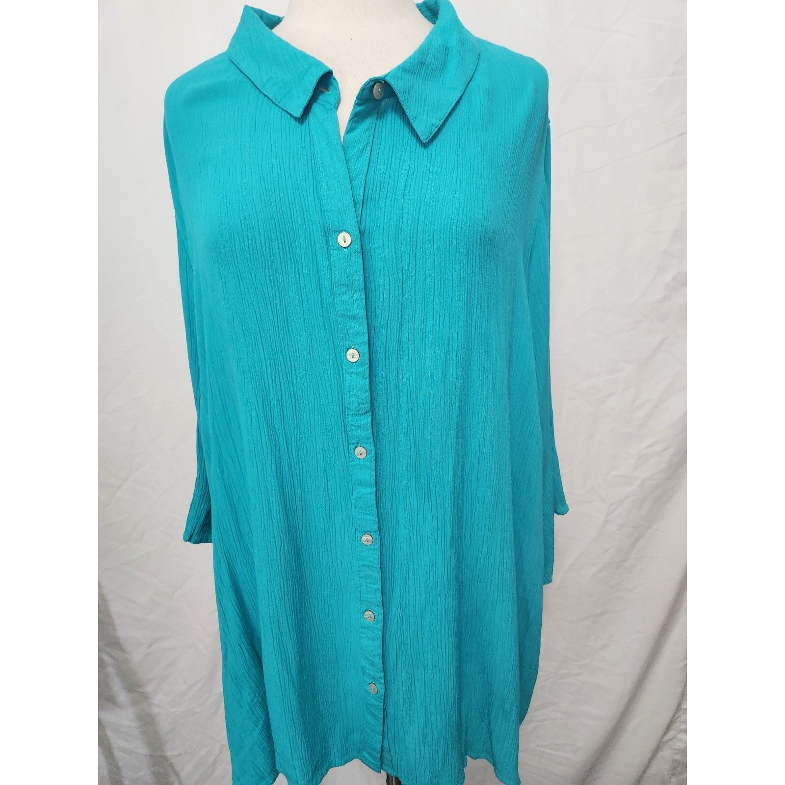 Evans Womens Tunic Top 22/24 Turquoise Button Up Roll Tab Slv Pleat Back Blouse — image 3 of 8
